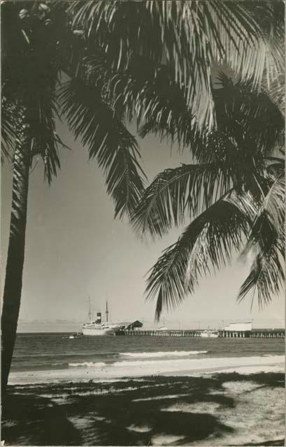 Beach scene with view of long dock and boats