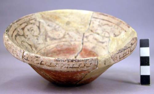 Ceramic, complete bowl, flat bottom, polychrome, mended