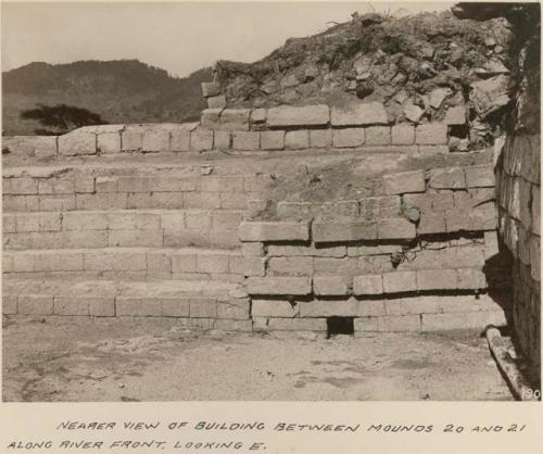 Close view of building between Mounds 20 and 21 along river front, looking east