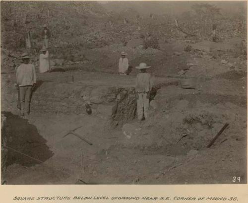 Square structure below level of ground near southeast corner of Mound 36