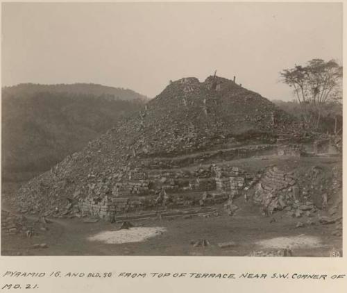 Pyramid 16 and Building 50 from top of terrace near southwest corner of Mound 21