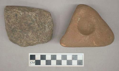 Ground stone, pitted grinding stones, one is triangular