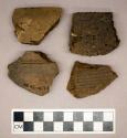 Ceramic, earthenware, body and rim sherds with punctate and impressed decoration, some are perforated