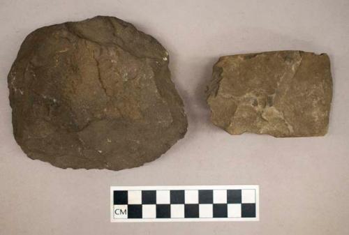 Chipped stone, biface adzes and chopper, includes a secondary flake and non-cultural fragment