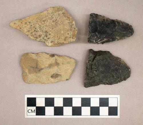 Chipped stone, broken lanceolate, ovate, and triangular bifaces with ovate uniface and non-cultural fragment