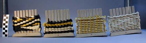Miniature looms, wooden, flat base, small textiles woven on them
