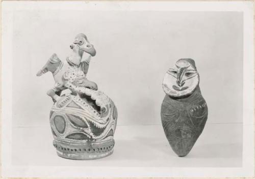Painted ceramic vessel with bird figure, and ceramic object with face