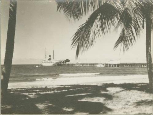 Beach scene with view of long dock and boats