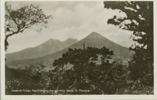 Volcanoes Fuego, Acatenango and Agua seen from Pacaya volcano