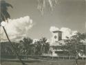 View of building with square tower among palm trees