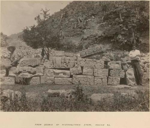 Sculptures from debris of hieroglyphic steps, Mound 26