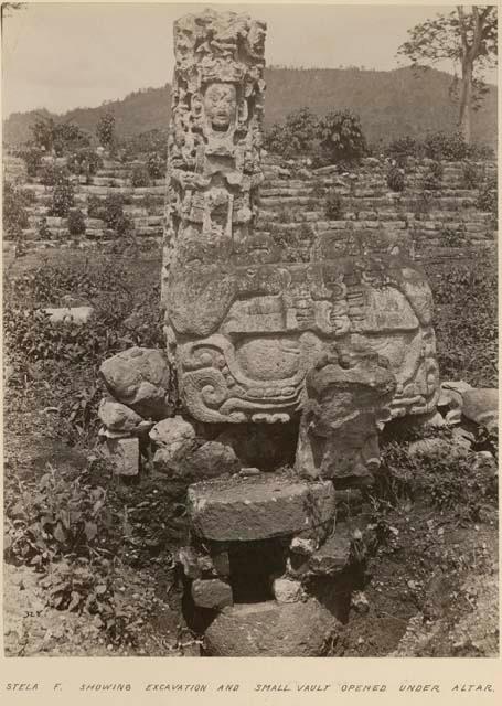 Stela F, showing excavation and small vault under altar