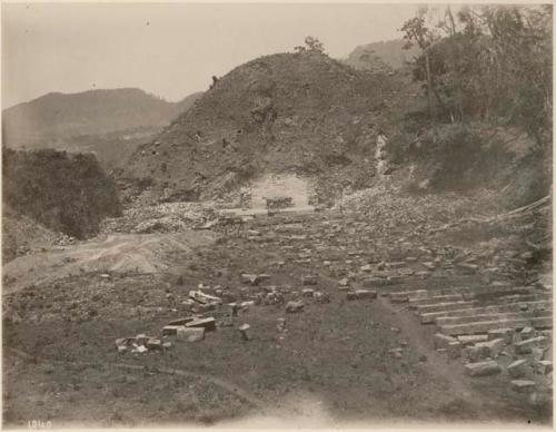 Hieroglyphic stairway, cleared 1899-1900, showing blocks from debris and Mound 26