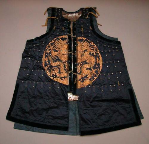 Breastplate, vest, indigo cloth, metal plates riveted to interior, gold dragon