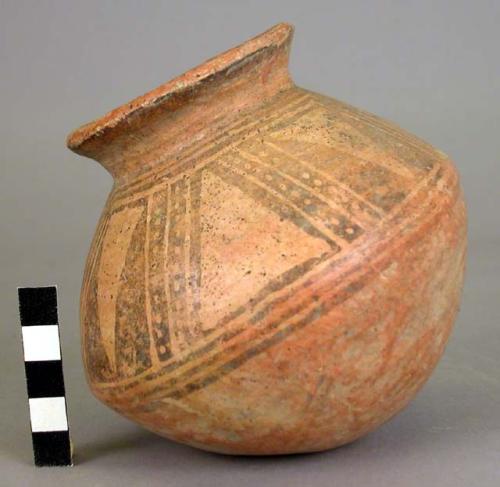 Pottery jar, base red, upper zone white with black ornamentation