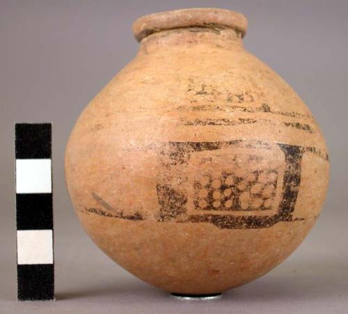 Pottery jar, yellow with blcak ornamentation