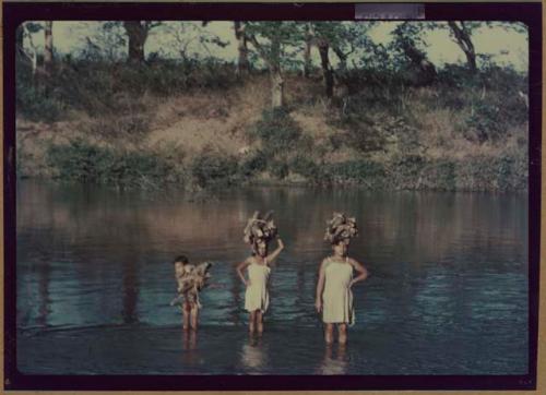 Three children standing in water and carrying wood