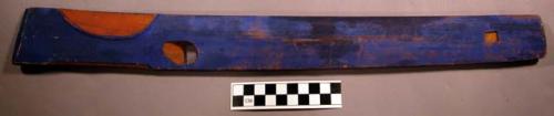 Atlatl, carved wood (cedar?), blue paint one side, worn, wood insert below tip