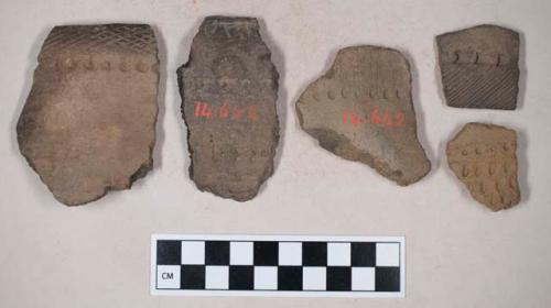 Ceramic, earthenware, body and rim sherds with punctate and incised decoration