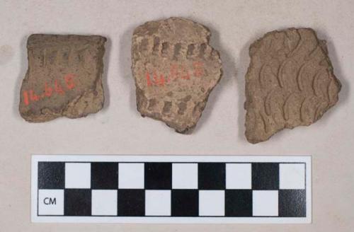 Ceramic, earthenware, body and rim sherds with punctate and impressed decoration