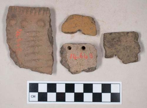 Ceramic, earthenware, perforated body and rim sherds with punctate and impressed decoration