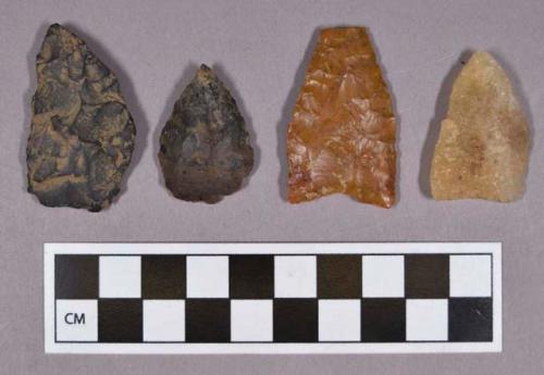 Chipped stone, ovate bifaces and projectile points, ovate and triangular; includes jasper and quartz