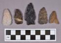 Chipped stone, projectile points, lanceolate, stemmed, and triangular, includes quartz and jasper