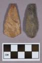 Chipped stone, projectile points, one stemmed and one triangular with convex base