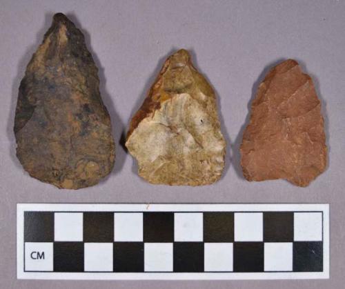 Chipped stone, one triangular projectile point and two ovate bifaces