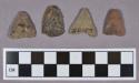 Chipped stone, triangular projectile points and one flake