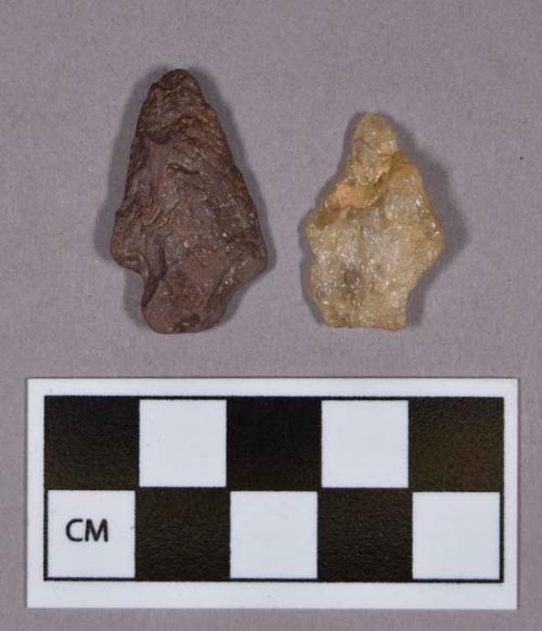 Chipped stone, projectile points, one fragment and one stemmed, includes quartz