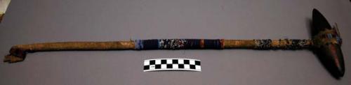 Club--wooden handle, with horn club end, buckskin wrapped, bead decoration