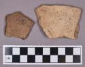 Ceramic, earthenware body sherds, dentate, undecorated, and impressed; one perforated sherd