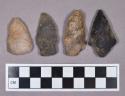 Chipped stone, triangular and preform bifaces, triangular and stemmed projectile points, and quartz scrapers