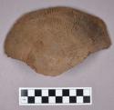 Ceramic, earthenware partial vessel, body and base sherds, cord-impressed; sherds have been mended and cross-mend