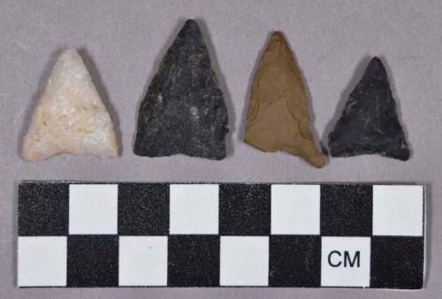 Chipped stone, triangular projectile points and one earred projectile point
