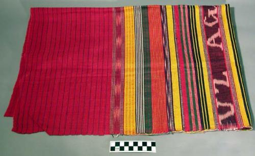 Apron pattern - all cotton - warp is plain red; weft stripes are yellow, dark bl