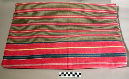 Red and brown striped cochaj. red, gold, blue, and purple stripes. 120 x 114 cm.