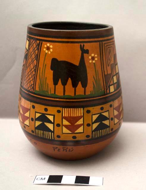 Small pot with geometric designs, flowers, llama