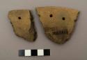 Perforated plate rim sherds. perforations about 1.6 cm. from rim.  plainware.