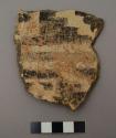 Body sherd from a hemsipherical bowl, interior has white on black linear and geometric design, exterior is slipped red - gila polychrome