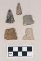 Chipped stone, projectile points, triangular; chipped stone, projectile point fragments, one notched
