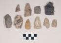 Chipped stone, projectile points, stemmed and triangular; chipped stone, projectile point fragments