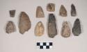 Chipped stone, projectile points, triangular and ovate; chipped stone, projectile point fragments; chipped stone, scrapers