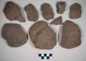 Ceramic, earthenware body sherds, incised, shell-tempered; some sherds crossmended with glue, all sherds crossmend; ceramic, earthewnware rim and handle sherd, undecorated, shell-tempered