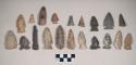 Chipped stone, projectile points, stemmed, side-notched, corner-notched, triangular, lanceolate, some serrated, one bifurcated base, one asymmetrical; chipped stone, drill