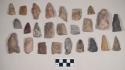 Chipped stone, projectile points, side-notched, stemmed, and triangular, some preforms; chipped stone, projectile point fragments