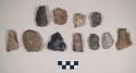 Chipped stone, chipping debris, some with cortex, some with possible retouching or use wear; chipped stone, bifaces, likely preforms
