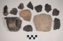 Ceramic, earthenware body, rim, and handle sherds, cord-impressed, shell-tempered; some sherds crossmend