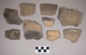 Ceramic, earthenware body, rim, and handle sherds, undecorated, one cord-impressed, one cord-impressed and incised, shell-tempered